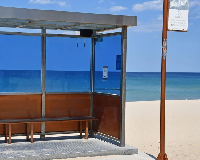 BTS Bus Stop in beach with white sand in Gangneung South Korea