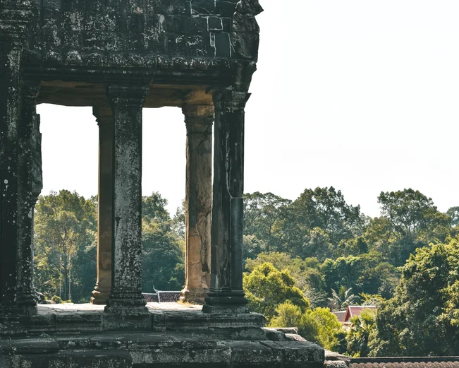 The view of a quiet Angkor Wat temple in rainy season with less tourists 