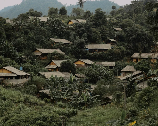 A village built into the hillside surrounded by greenery