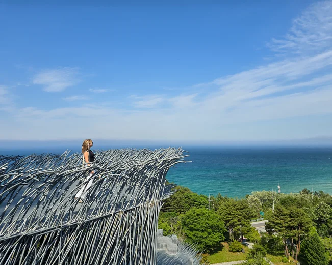 A woman looking out over the sea from a platform