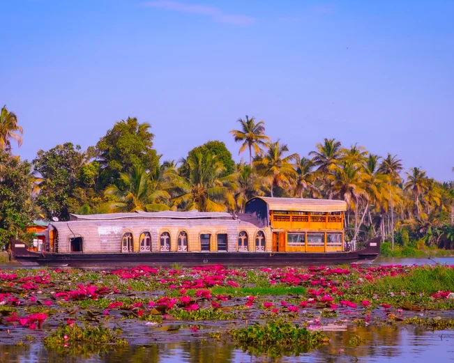 Kumarakom Houseboat with flowers, Kumarakom, India.