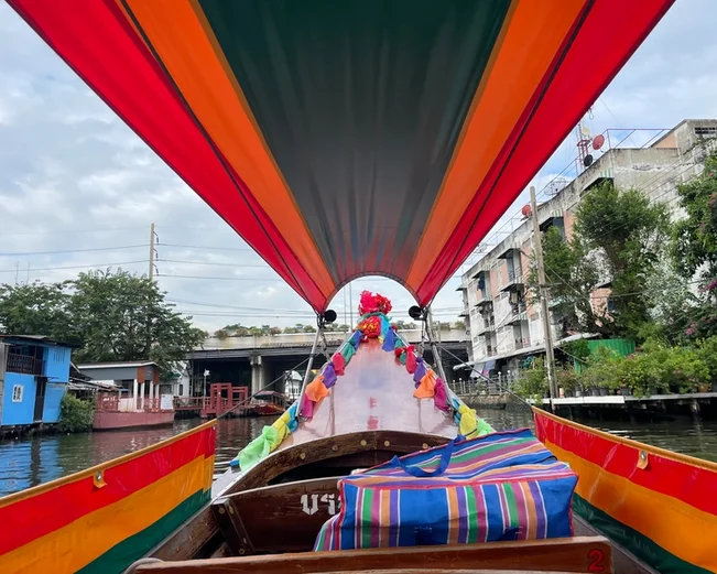 View from within a longtail boat, with a colourful canopy overhead
