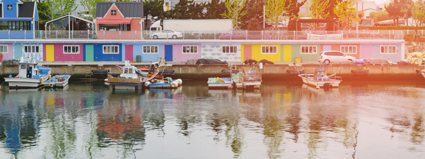 Colourful buildings alongside fishing port in Busan