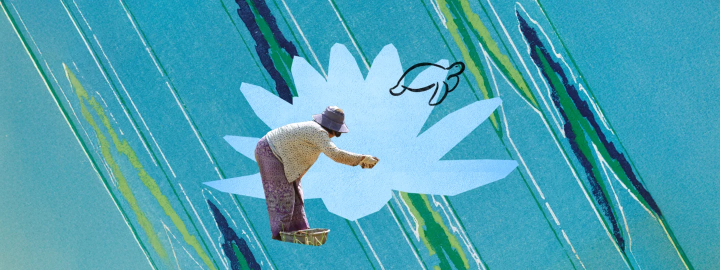 Decorative collage showing a person harvesting in water on blue patterned background with lotus flower and turtle illustrations