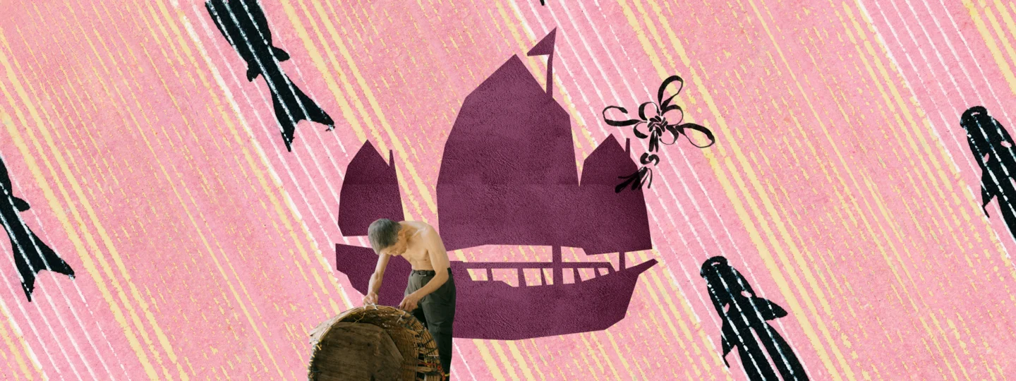 Decorative collage showing a man crafting a large drum on pink patterned background with ship silhouette and floral illustration