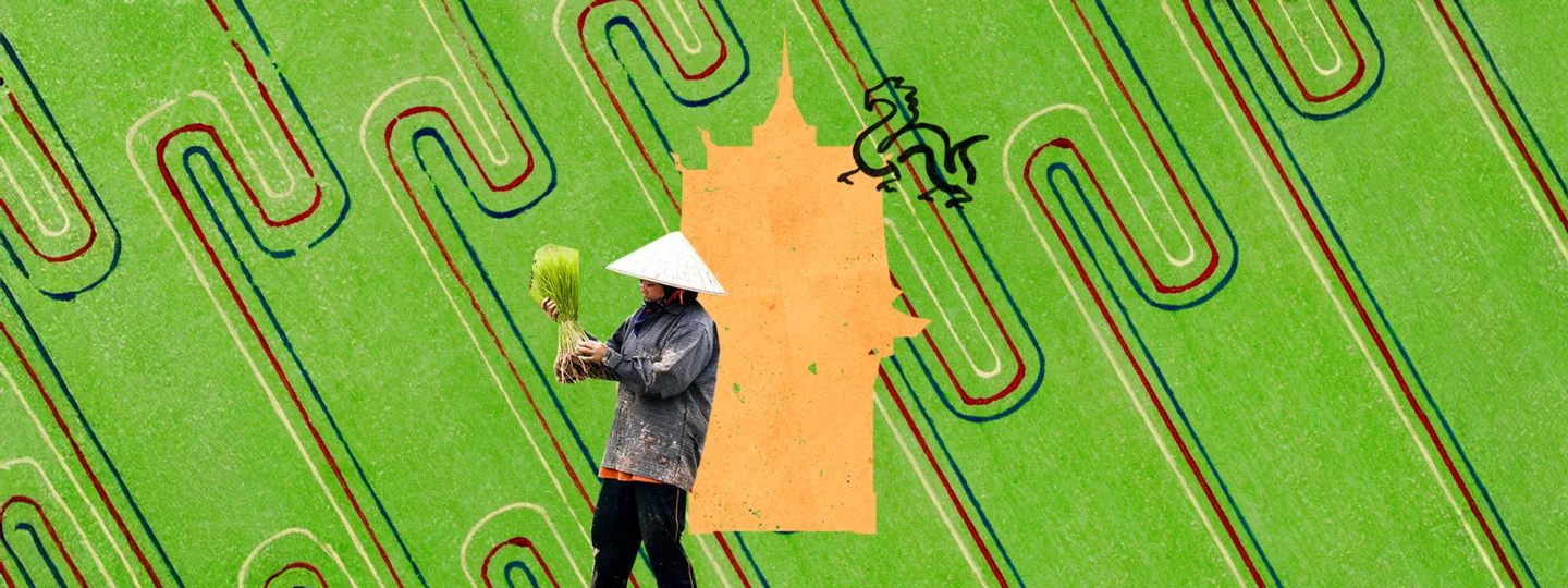 Decorative collage showing a farmer in conical hat holding rice plants on green patterned background with temple silhouette and dragon illustration