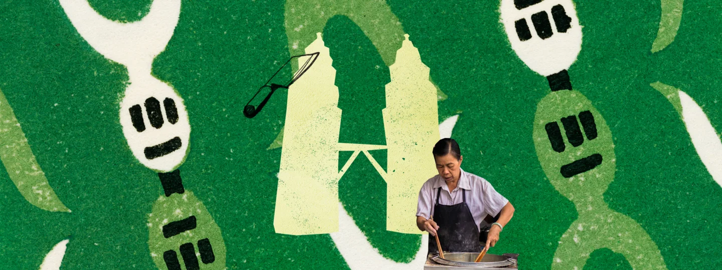 Decorative collage showing a person cooking street food on green patterned background with tower silhouette and cultural illustration