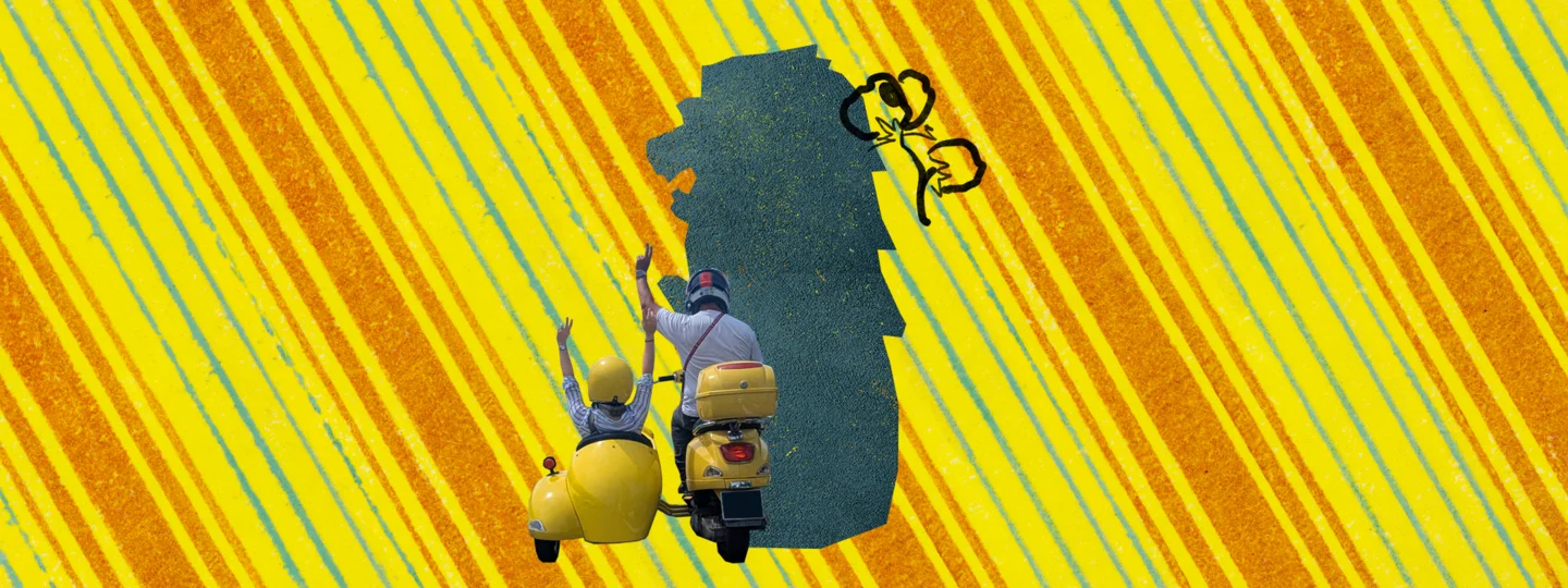 Decorative collage showing two people riding a yellow scooter with sidecar on vibrant yellow striped background and cultural silhouette