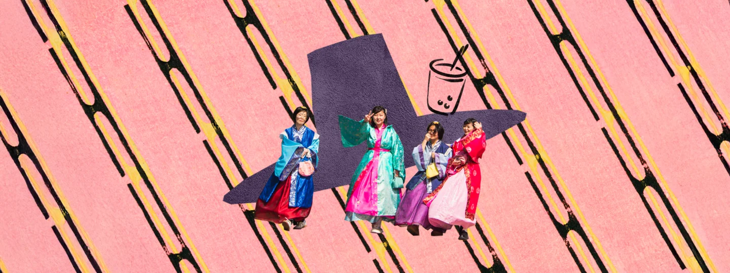 Decorative collage showing women in colorful traditional Korean hanbok on pink patterned background with bubble tea and traditional hat illustrations