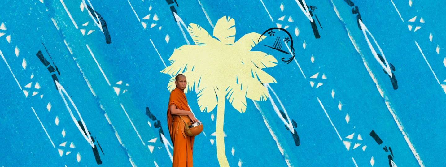 Decorative collage showing a monk in orange robe holding alms bowl on blue patterned background with palm tree silhouette and temple illustration