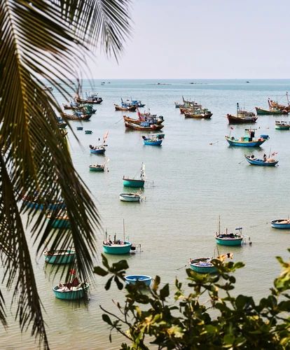 Coconut boats in the sea in Vietnam