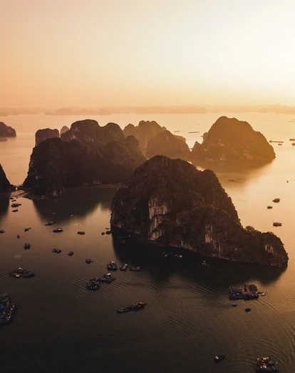 Aerial view of Halong Bay at sunset