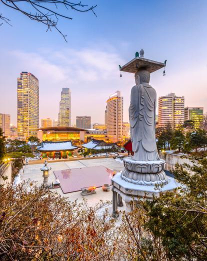 Back view of Buddha statue at Bongeunsa Temple with Seoul skyline in background