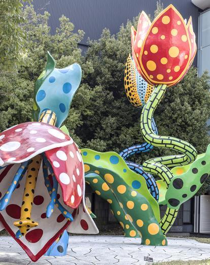 Colourful flower sculptures at Matsumoto Museum of Art