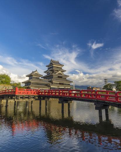 Red bridge over river in front of Matsumoto castle