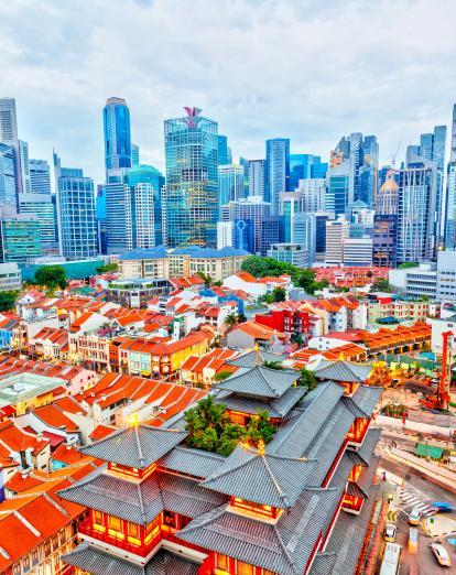 Aerial view of Chinatown with skyscrapers in the background