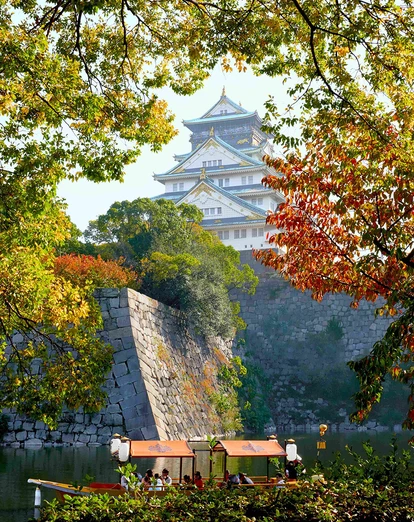 Osaka castle through the autumn trees 
