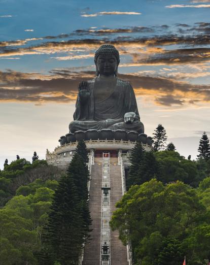Big Buddha statue at top of steps on Lantau Island