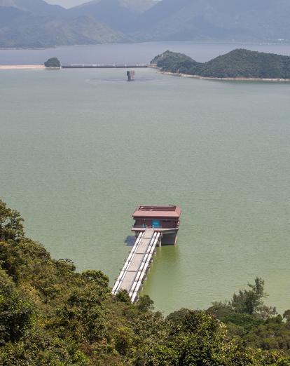 Looking down on jetty into reservoir