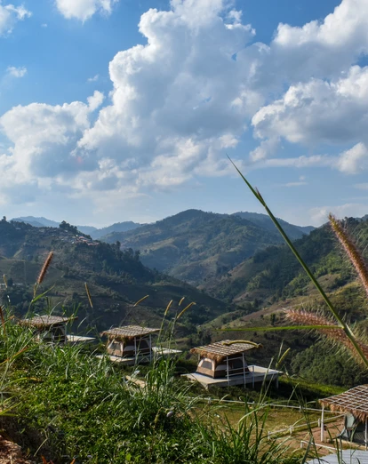 Northern Thailand countryside with trees and huts 