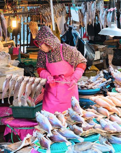 Woman working in Jagalchi wet market in Busan, South Korea, in front of a fish stall