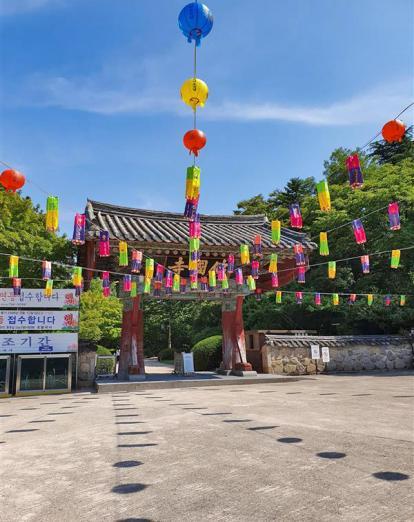 Colorful temple entrance with festive paper lanterns hanging from wires in Gyeongju, South Korea