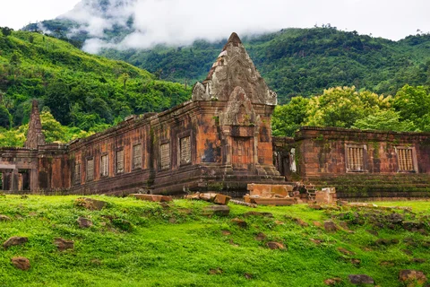 Wat Phou Temple near Champasak under a cloudy sky