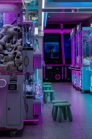 A neon lit gamestore in South Korea Busan