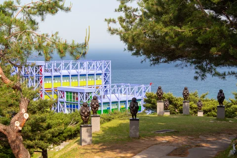 Haslla art world view of sea and museum from sculpture park South Korea