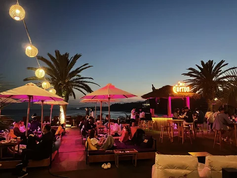 A Beach Bar lit with lanterns in Jeju, South Korea
