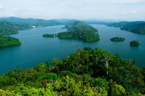 Aerial shot of the water and islands in Banding Island Malaysia