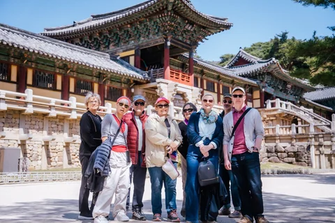 A group standing in front of Bulguksa Temple