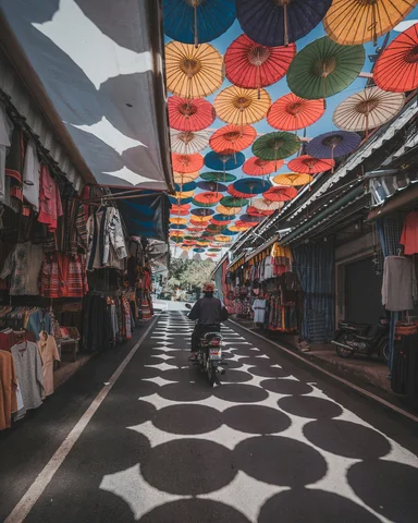 Chiang Mai market street with colourful umbrellas