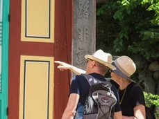 A couple outside Bulguksa Temple in South Korea