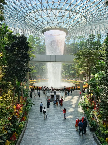 Sky trees and gardens below with tourists in Singapore