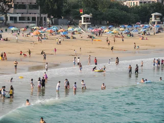 View of people enjoying Shek O beach in Hong Kong