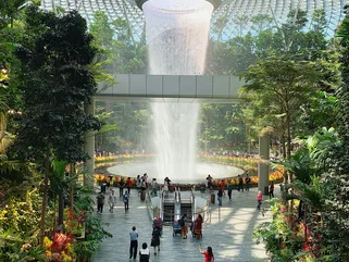 Sky trees and gardens below with tourists in Singapore