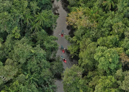 Aerial view of kayakers in Botum Sakor National Park