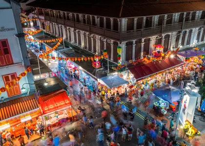 Aerial view of streets and shopfronts in Chinatown 