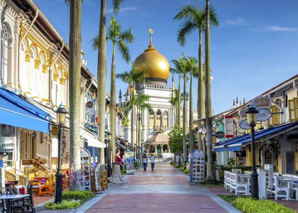 Looking up the street at Masjid Sultan Mosque in Kampong Glam, Singapore 