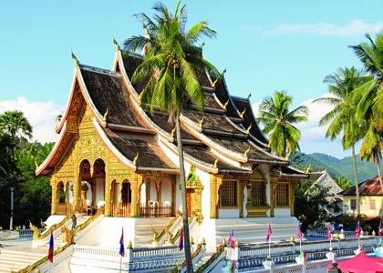 White temple with sloped roof and gold walls in Luang Prabang surrounded by palm trees at a quiet hour