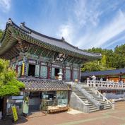 Front view of Haedong Yonggungsa Temple in Busan on a sunny day