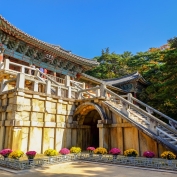 Front entrance of Bulguksa Temple on a sunny day