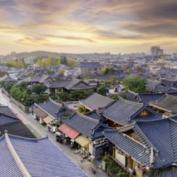 Sunrise over the rooves of Hanok houses