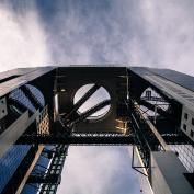 Looking directly up at Umeda Sky Building in Osaka
