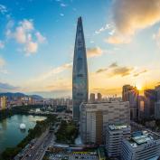 Panoramic view of Seoul skyline at sunset