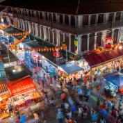 Aerial view of streets and shopfronts in Chinatown