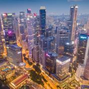 Aerial view of Singapore skyscrapers in haze