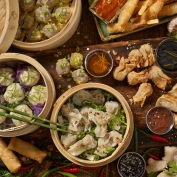 Dim sum in bamboo baskets