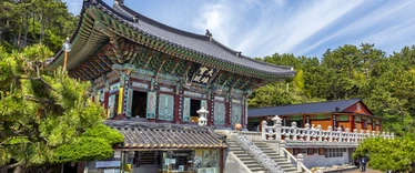 Front view of Haedong Yonggungsa Temple in Busan on a sunny day 